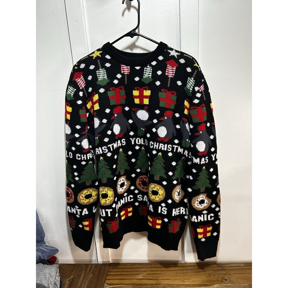 H&M Divided Ugly Christmas Sweater Unisex Medium YOLO Donut Panic, It’s Santa M
